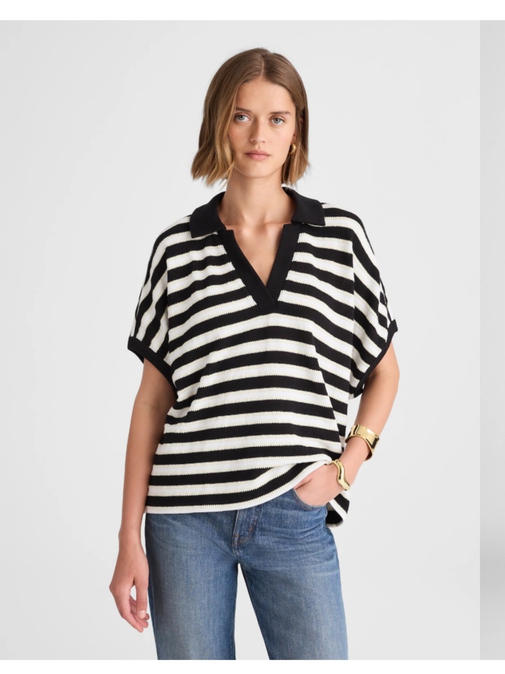 Madewell NWT Relaxed V-Neck Polo Shirt in Stripe Black and White